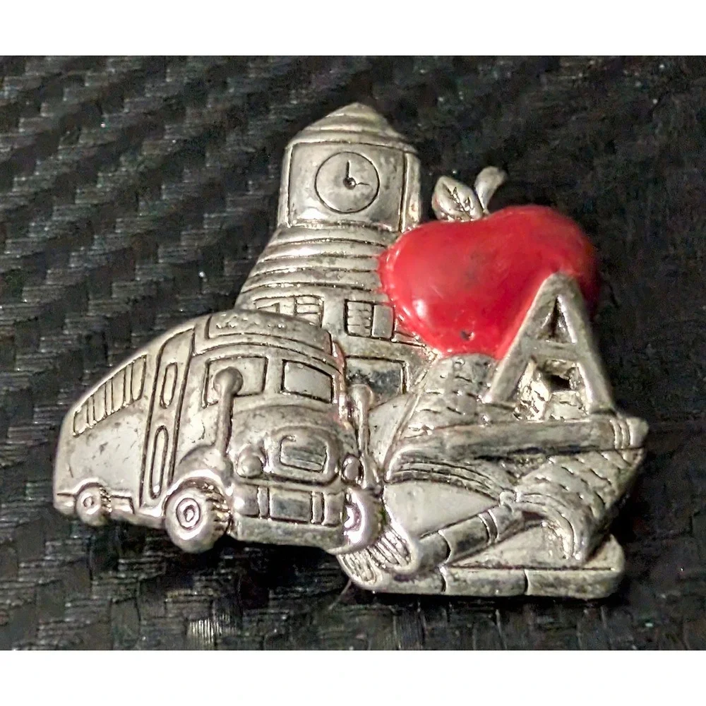 Vintage Silver Red Brooch School Bus Teacher Apple Clock Tower Book Pin